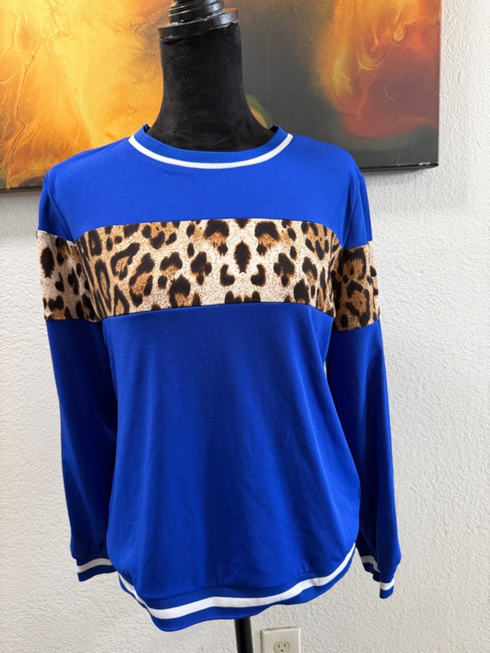 Royal Blue 2piece Long Sleeve Top and pant with Leopard Accent